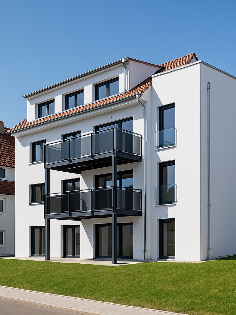 Modernes, mehrstöckiges Wohngebäude mit Balkonen und großer Fensterfront.