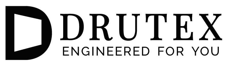 Logo von Drutex mit dem Slogan "Engineered for You" in schwarzer Schrift.