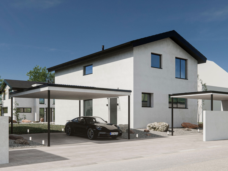 Modernes, zweigeschossiges Haus mit Carport und schwarzem Auto in einer Wohngegend.