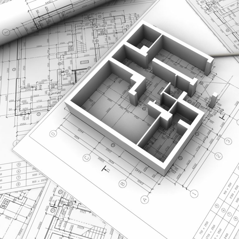 3D-Modell eines Grundrisses auf Architekturplänen.